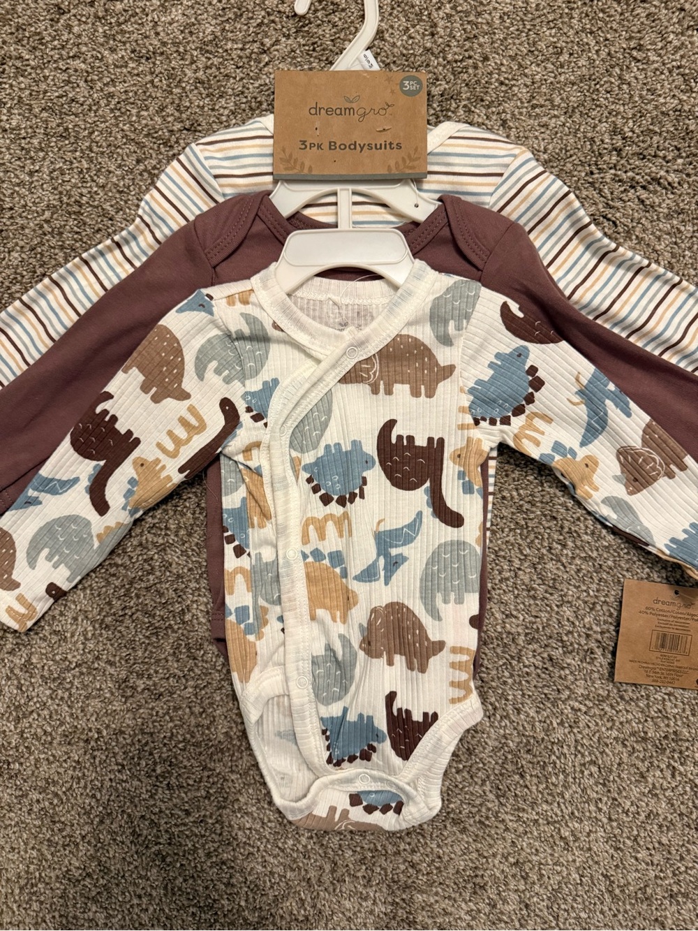 NWT 3-Pack Baby Bodysuits - Brown & Multicolor Dino Print